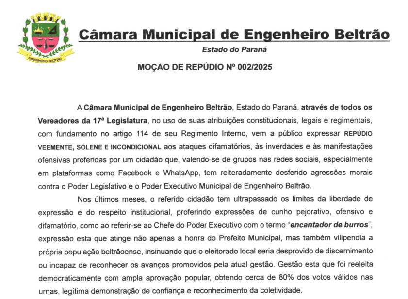 Captura de tela 2025-10-30 134854 Após ataques em redes sociais, vereadores emitem nota de repúdio a blogueiro em Engenheiro Beltrão
